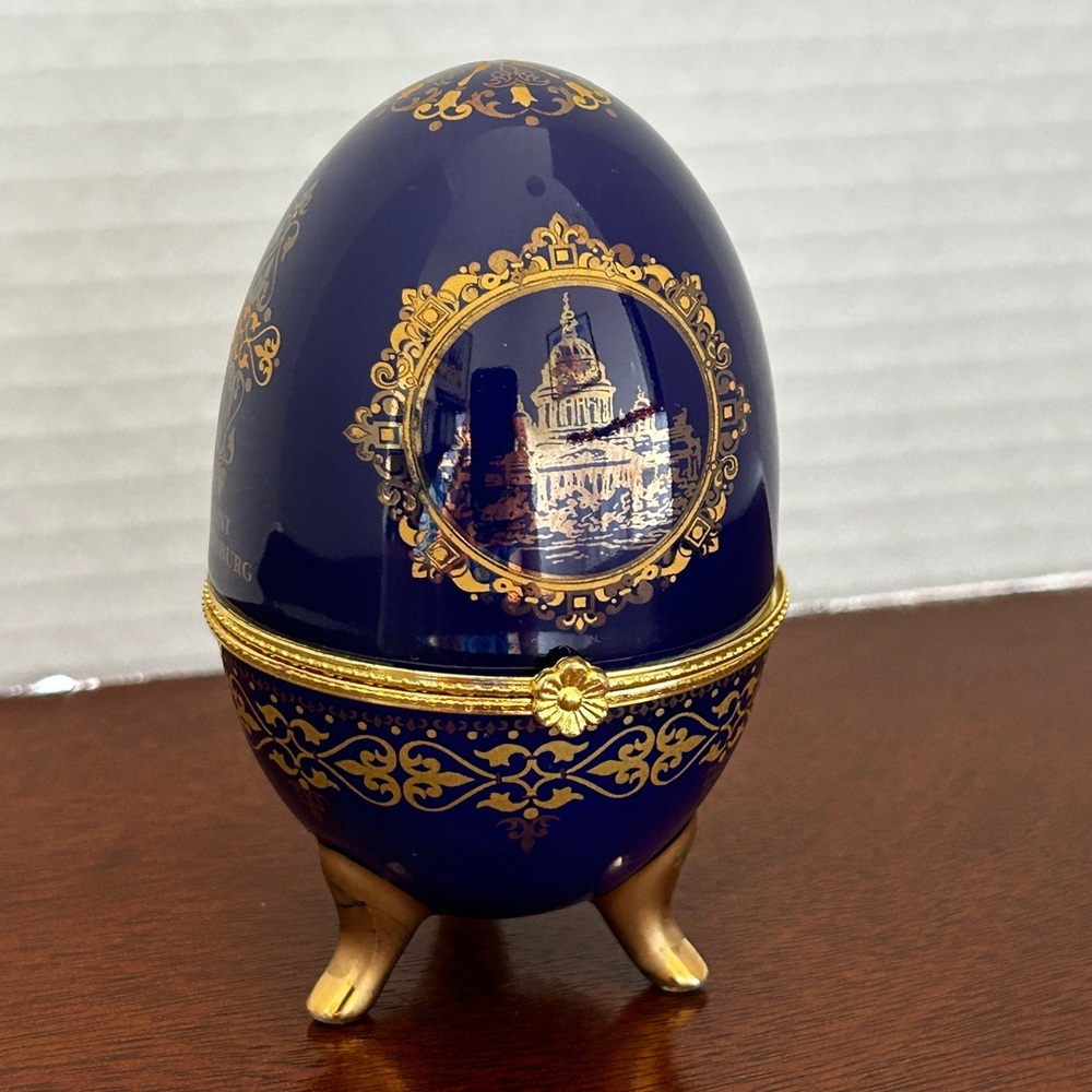 Russion AKM Porcelain Cobalt Blue Gold Egg Shaped Trinket Box Saint Petersburg